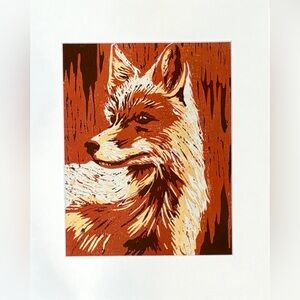 Fox Art Hand Printed Linocut Owl Reduction Print Woodland Animal Art Matted